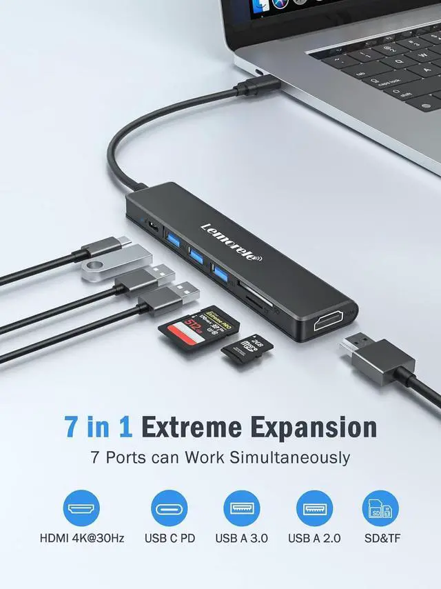 Alt view image 2 of 7 - Lemorele USB C Hub, Type-C Hub Adapter 7 in 1 with HDMI 4K@30Hz, 100W PD Charging, 1 USB3.0 5Gbps Data Port, 2 USB 2.0, SD/TF, USB C Multiport Dongle for MacBook/ChromeBook/