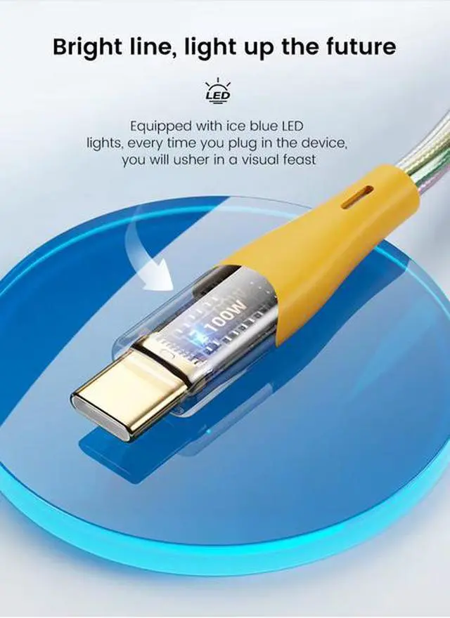 Alt view image 3 of 7 - Type-C to Type-C Cable 1M, 100W PD Fast Charging, 480Mbps Data Transfer, RGB Lighting
