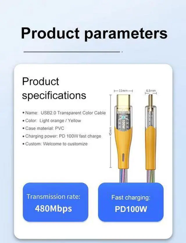 Alt view image 7 of 7 - Type-C to Type-C Cable 1M, 100W PD Fast Charging, 480Mbps Data Transfer, RGB Lighting