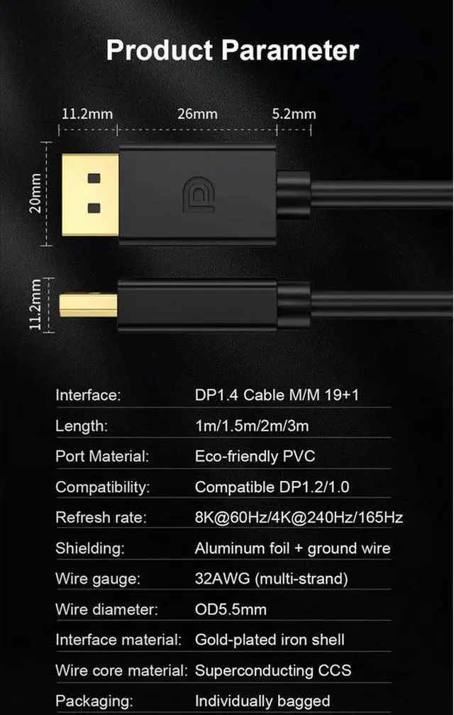 Alt view image 3 of 7 - DisplayPort 1.4 Cable 8K@60Hz, DP to DP, Multiple Lengths, Gold-Plated Connectors