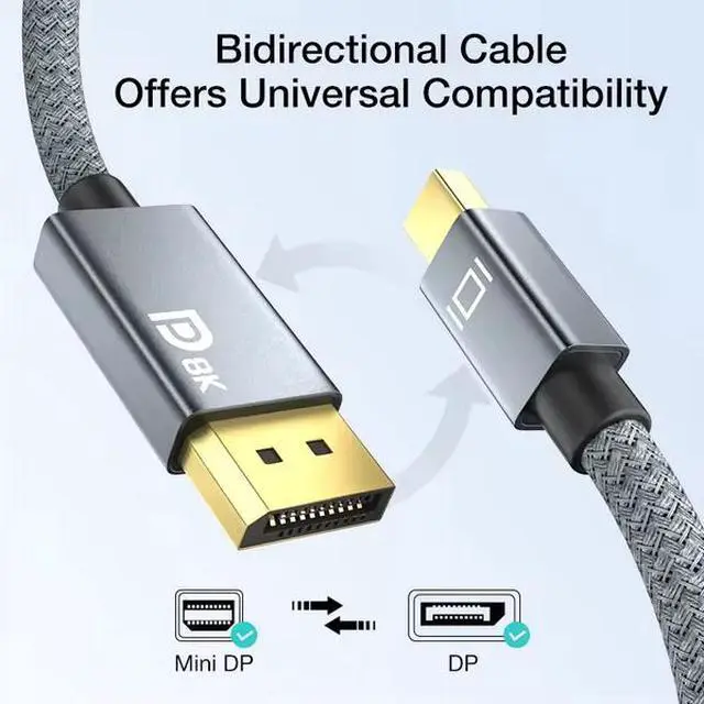 Alt view image 2 of 5 - ULT-unite 2m Grey Braided Mini Display Port to Display Port Cable 8K 60Hz 4k 144Hz Mini DP to DP Cable