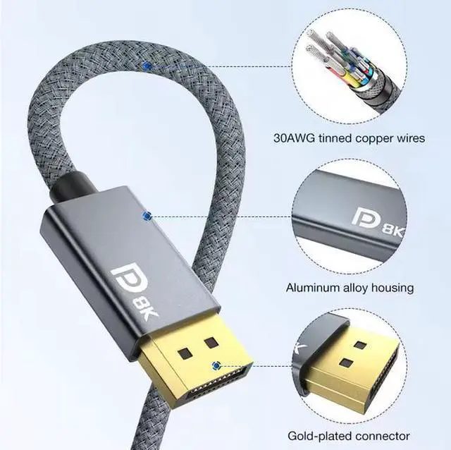 Alt view image 4 of 5 - ULT-unite 2m Grey Braided Mini Display Port to Display Port Cable 8K 60Hz 4k 144Hz Mini DP to DP Cable