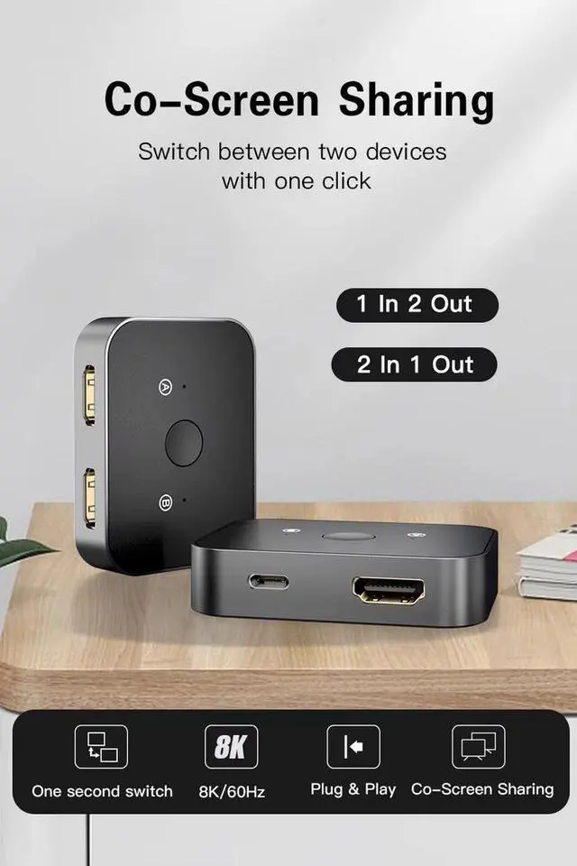Main image of HDMI Bidirectional Switch 1 in 2 Out 8K 60hz 4K 8K 144Hz USB C Hubs Docking Station 2 in 1 Out HDMI Splitter Switch