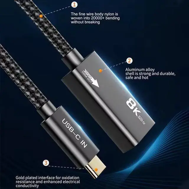 Alt view image 5 of 6 - 8K 60Hz USB 3.1 Type-C to HDMI AF Adapter Cable 4K1210HZ 4K144HZ Support HDR USB C to HDMI Extension Cable