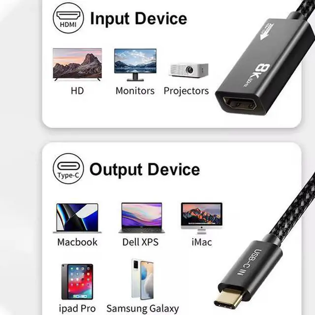 Alt view image 6 of 6 - 8K 60Hz USB 3.1 Type-C to HDMI AF Adapter Cable 4K1210HZ 4K144HZ Support HDR USB C to HDMI Extension Cable