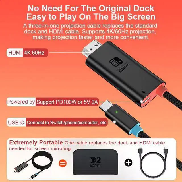 Alt view image 2 of 7 - Type-C to HDMI Cable 1.8M - 4K@60Hz HDR, 100W PD Fast Charging, Braided Nylon, Compatible with Nintendo Switch/OLED, Steam Deck, iPhone 15, MacBook, iPad, Gaming Handhelds & More