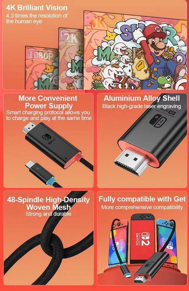 Alt view image 5 of 7 - Type-C to HDMI Cable 1.8M - 4K@60Hz HDR, 100W PD Fast Charging, Braided Nylon, Compatible with Nintendo Switch/OLED, Steam Deck, iPhone 15, MacBook, iPad, Gaming Handhelds & More