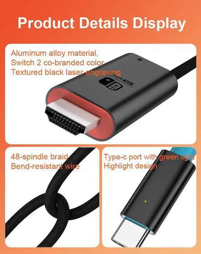 Alt view image 7 of 7 - Type-C to HDMI Cable 1.8M - 4K@60Hz HDR, 100W PD Fast Charging, Braided Nylon, Compatible with Nintendo Switch/OLED, Steam Deck, iPhone 15, MacBook, iPad, Gaming Handhelds & More