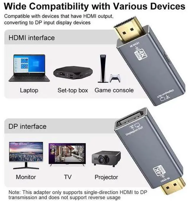 Alt view image 4 of 5 - HDMI to DisplayPort Adapter 4K@60Hz - Uni-directional Video Converter, Aluminum Housing, Plug & Play, for PC, PS5, Xbox to Monitor/Projector