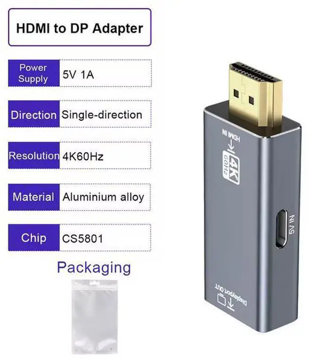 Alt view image 5 of 5 - HDMI to DisplayPort Adapter 4K@60Hz - Uni-directional Video Converter, Aluminum Housing, Plug & Play, for PC, PS5, Xbox to Monitor/Projector