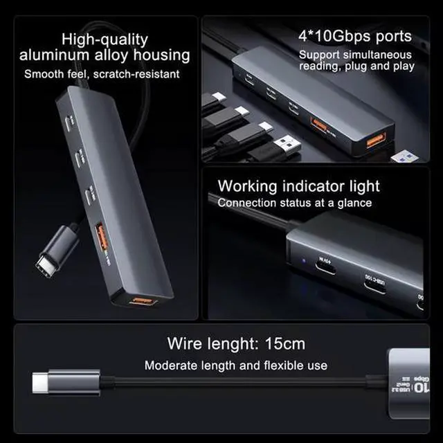 Alt view image 2 of 7 - 5-in-1 USB-C Hub - 10Gbps Data Transfer, 2×USB-A + 2×USB-C + Power Delivery, Aluminum Portable Docking Station for Laptop, PC, Tablet