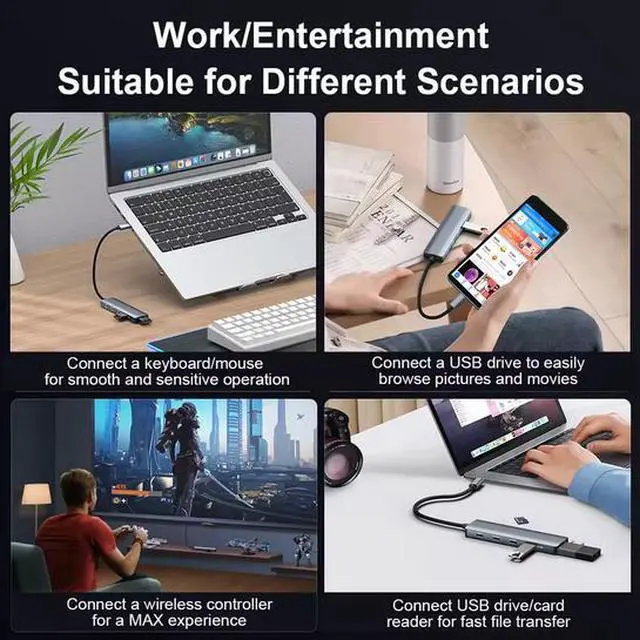 Alt view image 3 of 7 - 5-in-1 USB-C Hub - 10Gbps Data Transfer, 2×USB-A + 2×USB-C + Power Delivery, Aluminum Portable Docking Station for Laptop, PC, Tablet