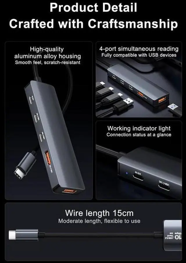 Alt view image 6 of 7 - 5-in-1 USB-C Hub - 10Gbps Data Transfer, 2×USB-A + 2×USB-C + Power Delivery, Aluminum Portable Docking Station for Laptop, PC, Tablet