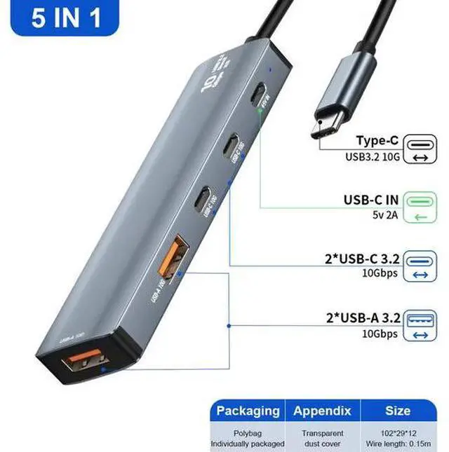 Alt view image 7 of 7 - 5-in-1 USB-C Hub - 10Gbps Data Transfer, 2×USB-A + 2×USB-C + Power Delivery, Aluminum Portable Docking Station for Laptop, PC, Tablet