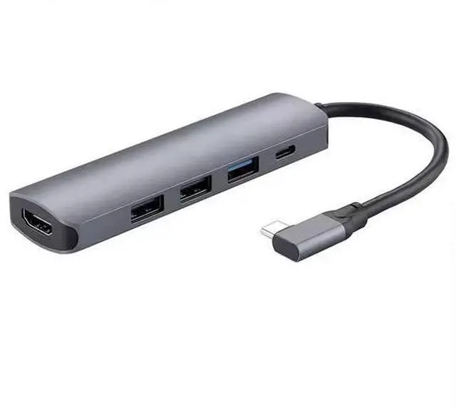 Main image of Right Angle 5-in-1 USB-C Hub - 4K HDMI, 100W PD Charging, USB 3.0/2.0 Ports, Aluminum Body, Space-Saving L-Shaped Design for Laptop, Tablet, Phone