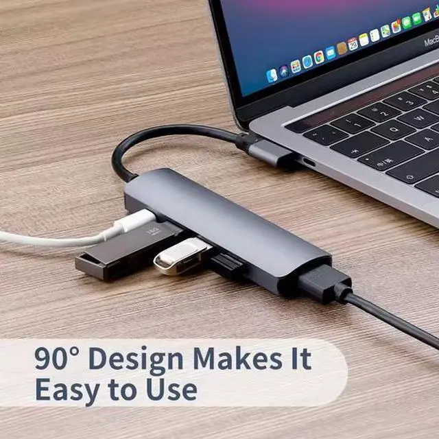 Alt view image 2 of 7 - Right Angle 5-in-1 USB-C Hub - 4K HDMI, 100W PD Charging, USB 3.0/2.0 Ports, Aluminum Body, Space-Saving L-Shaped Design for Laptop, Tablet, Phone