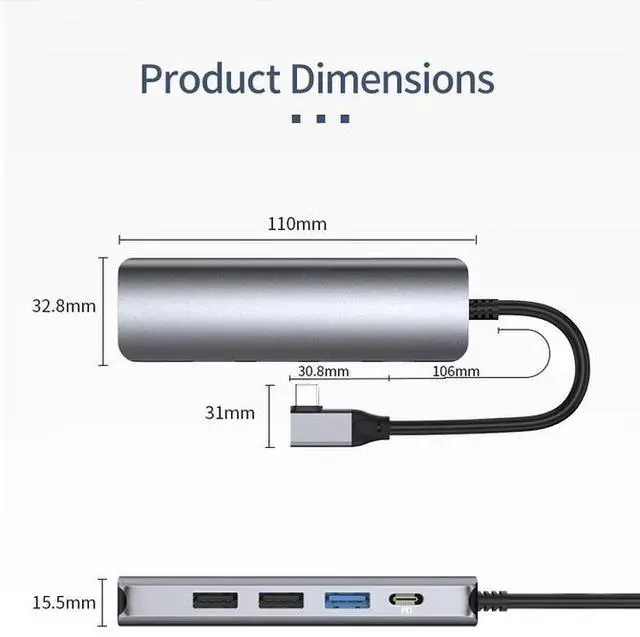 Alt view image 7 of 7 - Right Angle 5-in-1 USB-C Hub - 4K HDMI, 100W PD Charging, USB 3.0/2.0 Ports, Aluminum Body, Space-Saving L-Shaped Design for Laptop, Tablet, Phone