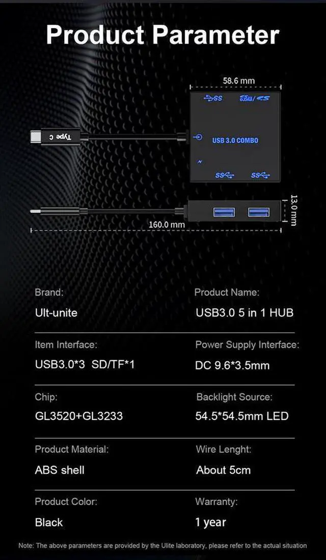 Alt view image 2 of 7 - Portable 5-in-1 USB 3.0 Hub with LED Light - 5Gbps Data Transfer, SD/TF Card Reader, USB-C Input, for PC, Laptop, Desktop