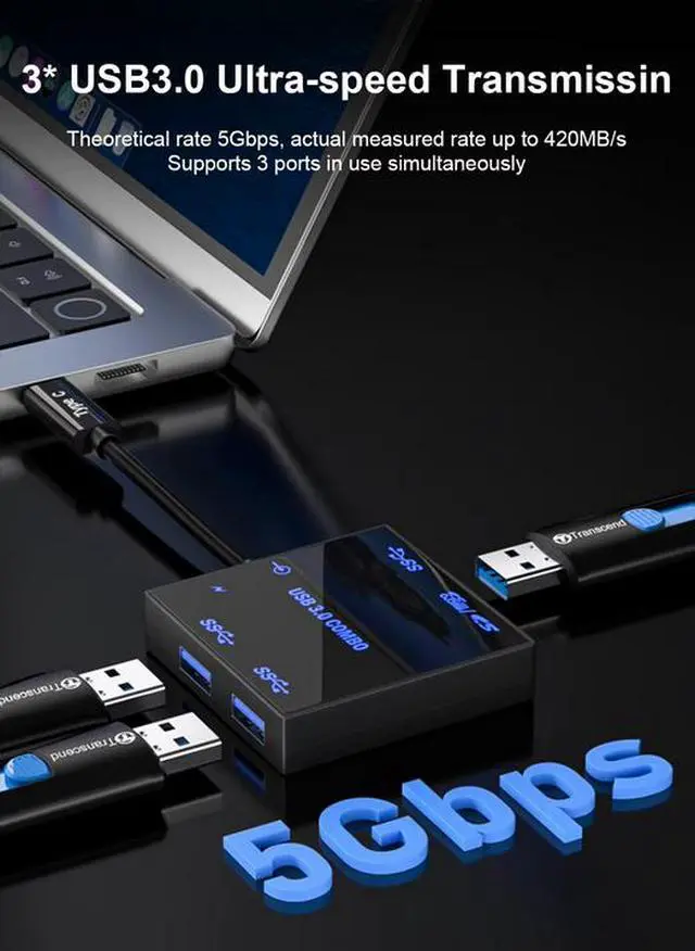 Alt view image 3 of 7 - Portable 5-in-1 USB 3.0 Hub with LED Light - 5Gbps Data Transfer, SD/TF Card Reader, USB-C Input, for PC, Laptop, Desktop