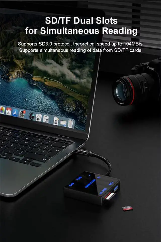 Alt view image 4 of 7 - Portable 5-in-1 USB 3.0 Hub with LED Light - 5Gbps Data Transfer, SD/TF Card Reader, USB-C Input, for PC, Laptop, Desktop