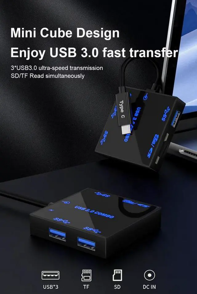 Main image of Portable 5-in-1 USB 3.0 Hub with LED Light - 5Gbps Data Transfer, SD/TF Card Reader, USB-C Input, for PC, Laptop, Desktop