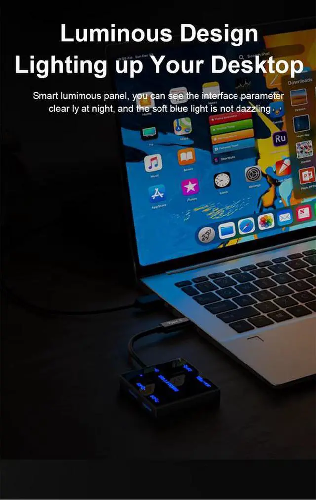Alt view image 6 of 7 - Portable 5-in-1 USB 3.0 Hub with LED Light - 5Gbps Data Transfer, SD/TF Card Reader, USB-C Input, for PC, Laptop, Desktop