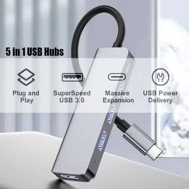 Alt view image 3 of 7 - 5-Port USB 3.0 Hub Docking Station - 5Gbps Data Transfer, PD 100W Charging Port, Aluminum Housing, for Laptop, PC, Smart TV, Router