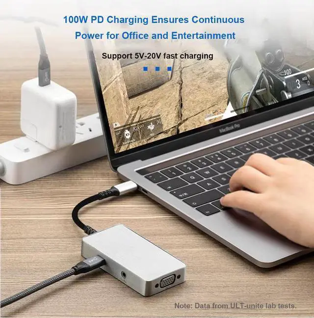 Alt view image 4 of 7 - 5-in-1 Multi-Port USB-C Hub - 100W PD Charging, 4K HDMI & DisplayPort, VGA & Audio Output, Aluminum Body, for Laptop, Desktop, Monitor