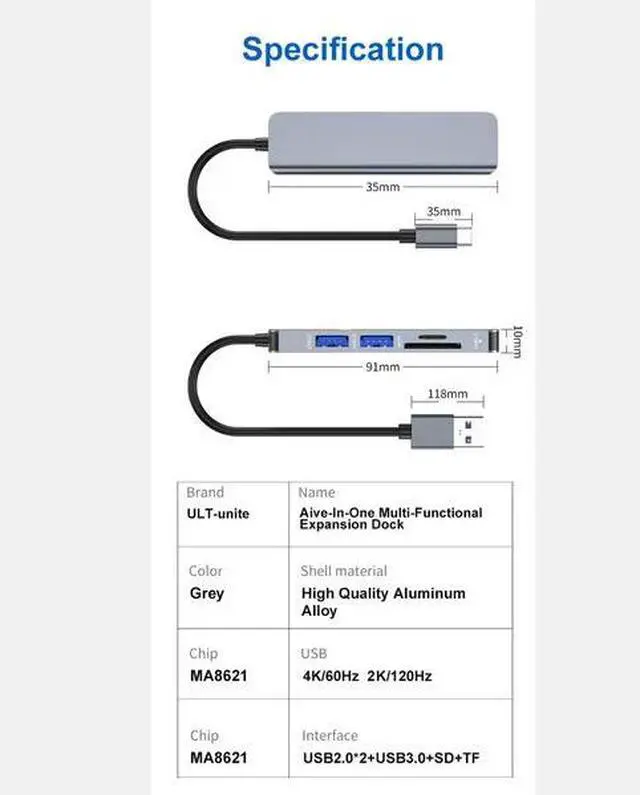 Alt view image 2 of 6 - 5-Port USB Hub with 100W PD Charging & SD/TF Card Reader - 5Gbps Data Transfer, Aluminum Housing, for Laptop, PC, Smart TV