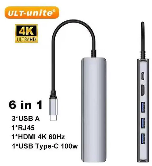 Main image of ULT-unite 6-in-1 USB-C Hub - 4K HDMI, 100W PD Charging, Gigabit Ethernet, 4×USB 3.0 Ports, Aluminum Portable Dongle for Laptop, Desktop, Tablet