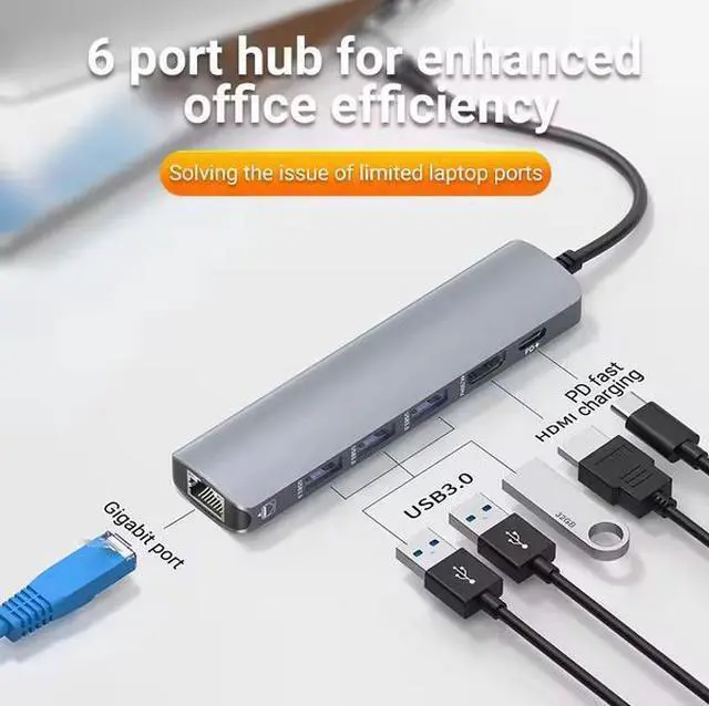 Alt view image 3 of 7 - ULT-unite 6-in-1 USB-C Hub - 4K HDMI, 100W PD Charging, Gigabit Ethernet, 4×USB 3.0 Ports, Aluminum Portable Dongle for Laptop, Desktop, Tablet