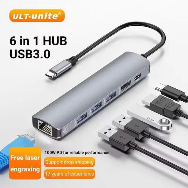 Alt view image 4 of 7 - ULT-unite 6-in-1 USB-C Hub - 4K HDMI, 100W PD Charging, Gigabit Ethernet, 4×USB 3.0 Ports, Aluminum Portable Dongle for Laptop, Desktop, Tablet