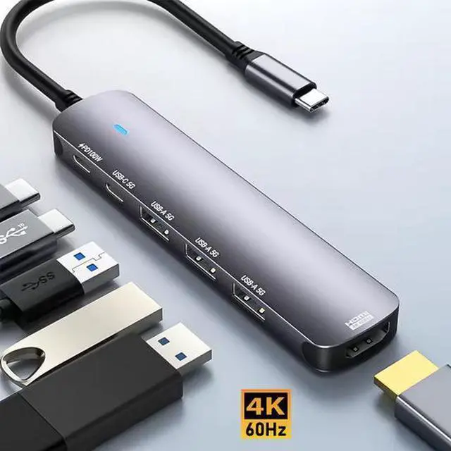 Main image of 6-in-1 USB-C Hub - 4K@60Hz HDMI, 100W PD Charging, 4×USB 3.0/Type-C Ports, Aluminum Compact Design for Laptop, PC, Smart TV, Gaming Console
