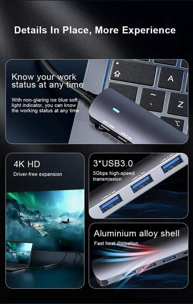 Alt view image 5 of 7 - 6-in-1 USB-C Hub - 4K@60Hz HDMI, 100W PD Charging, 4×USB 3.0/Type-C Ports, Aluminum Compact Design for Laptop, PC, Smart TV, Gaming Console