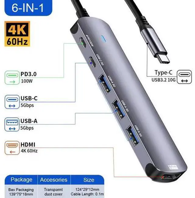 Alt view image 6 of 7 - 6-in-1 USB-C Hub - 4K@60Hz HDMI, 100W PD Charging, 4×USB 3.0/Type-C Ports, Aluminum Compact Design for Laptop, PC, Smart TV, Gaming Console