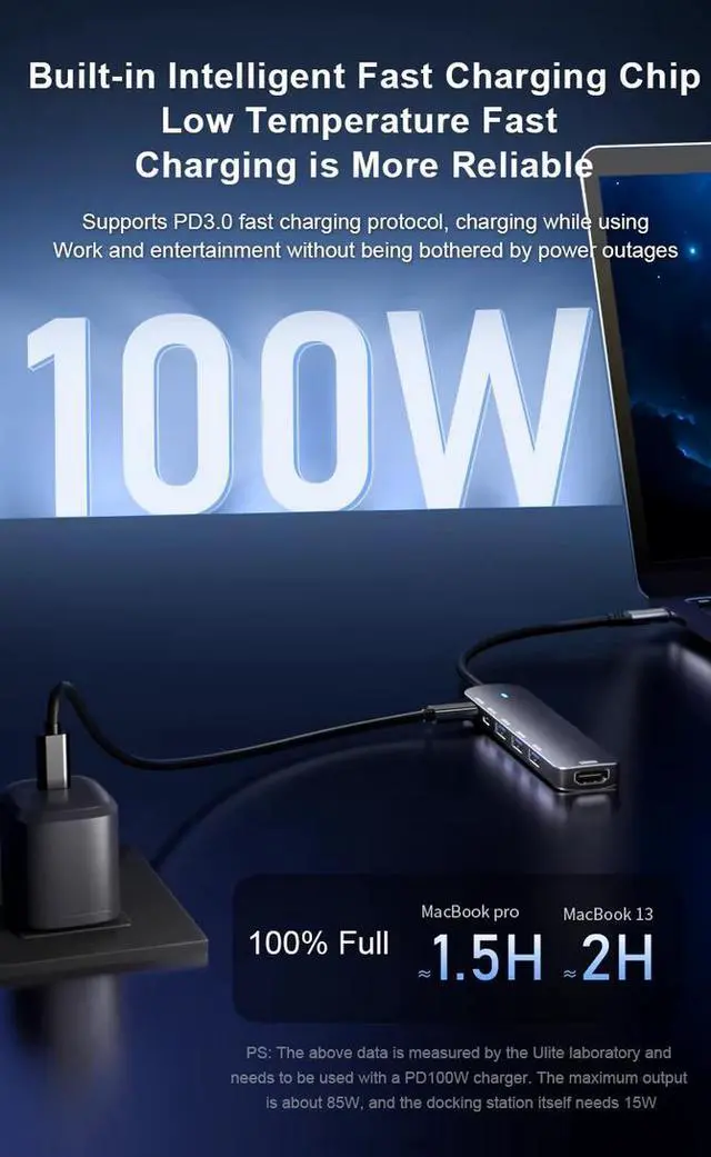 Alt view image 3 of 7 - 6-in-1 USB-C Hub - 4K@60Hz HDMI, 100W PD Charging, 4×USB 3.0/Type-C Ports, Aluminum Compact Design for Laptop, PC, Smart TV, Gaming Console