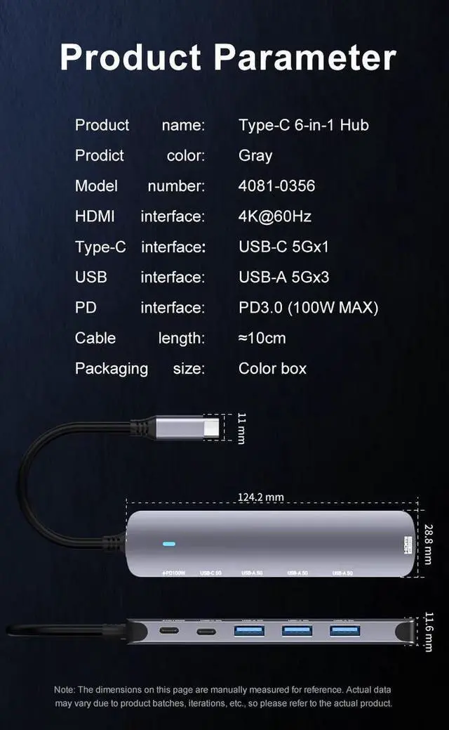 Alt view image 7 of 7 - 6-in-1 USB-C Hub - 4K@60Hz HDMI, 100W PD Charging, 4×USB 3.0/Type-C Ports, Aluminum Compact Design for Laptop, PC, Smart TV, Gaming Console