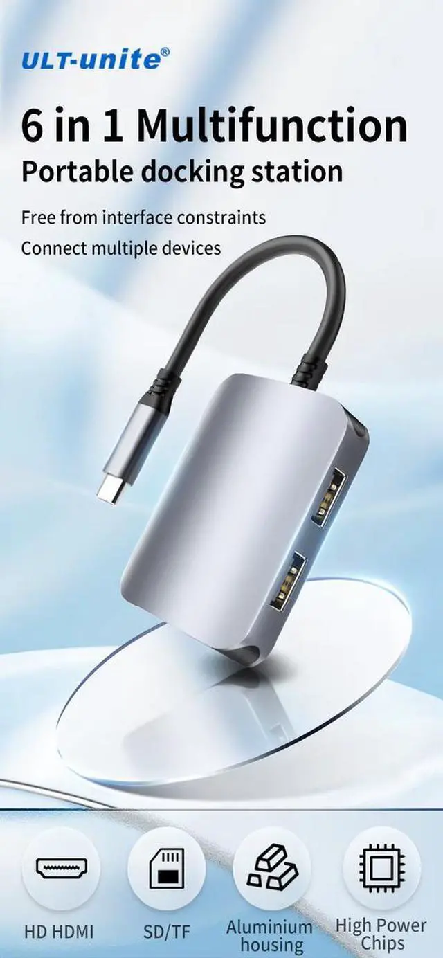 Main image of 6-in-1 USB-C Hub - 4K HDMI, 100W PD Charging, SD/TF Card Reader, USB 3.0/2.0 Ports, Aluminum Body for Laptop, PC, Tablet