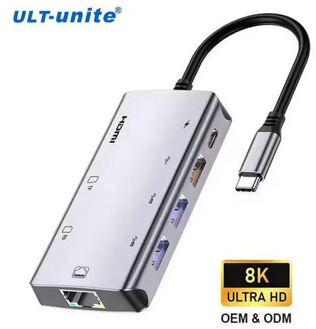 Main image of ULT-unite 8-in-1 USB-C Hub - 8K@30Hz HDMI 2.1, 100W PD Charging, Gigabit Ethernet, SD/TF Card Reader, 3×USB Ports, Aluminum Body for MacBook, Gaming Laptop, PC