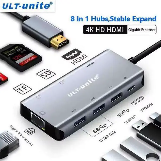 Alt view image 2 of 6 - ULT-unite 8-in-1 USB-C Hub - 8K@30Hz HDMI 2.1, 100W PD Charging, Gigabit Ethernet, SD/TF Card Reader, 3×USB Ports, Aluminum Body for MacBook, Gaming Laptop, PC