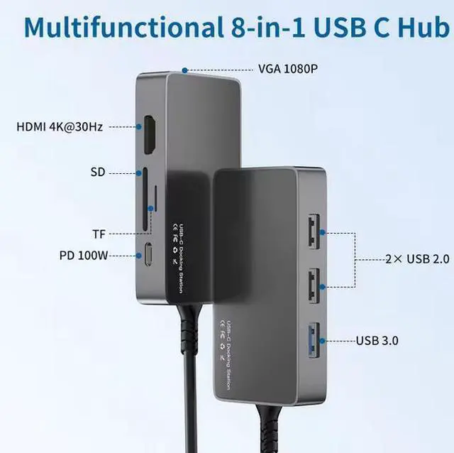 Alt view image 2 of 7 - 8-in-1 USB-C Hub - 8K@30Hz HDMI 2.1, 100W PD Charging, Gigabit Ethernet, SD/TF Card Reader, 3×USB Ports, Aluminum Body for MacBook, Gaming Laptop, PC