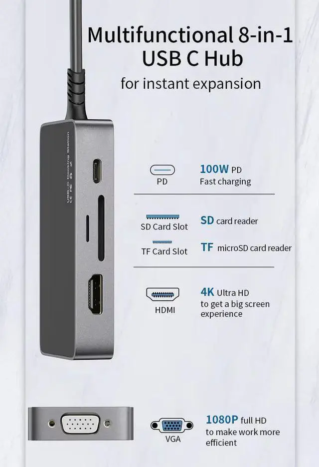 Alt view image 5 of 7 - 8-in-1 USB-C Hub - 8K@30Hz HDMI 2.1, 100W PD Charging, Gigabit Ethernet, SD/TF Card Reader, 3×USB Ports, Aluminum Body for MacBook, Gaming Laptop, PC
