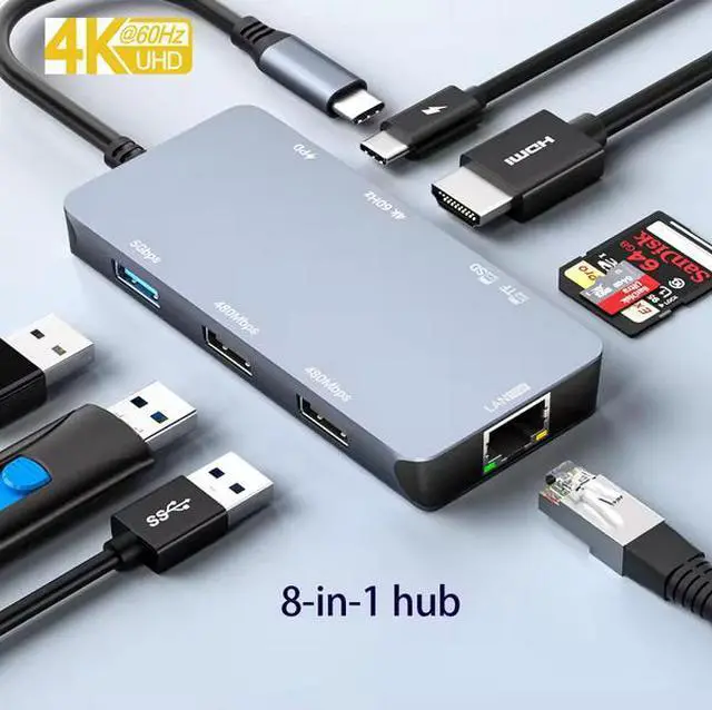 Main image of 8-in-1 USB-C Hub - 8K@60Hz HDMI, 100W PD Fast Charge, Gigabit Ethernet, SD/TF Card Reader, 4×USB Ports for MacBook, Laptop, Desktop