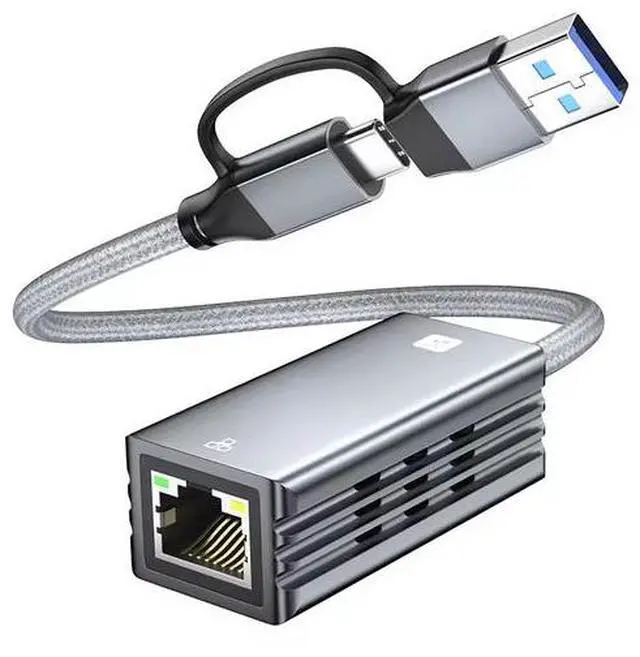 Main image of 2-in-1 USB 3.2 Gen2 to RJ45 Gigabit Ethernet Adapter - USB-A/USB-C Dual Interface, Aluminum Shell, Plug & Play for iPad, Laptop, Desktop, Phone