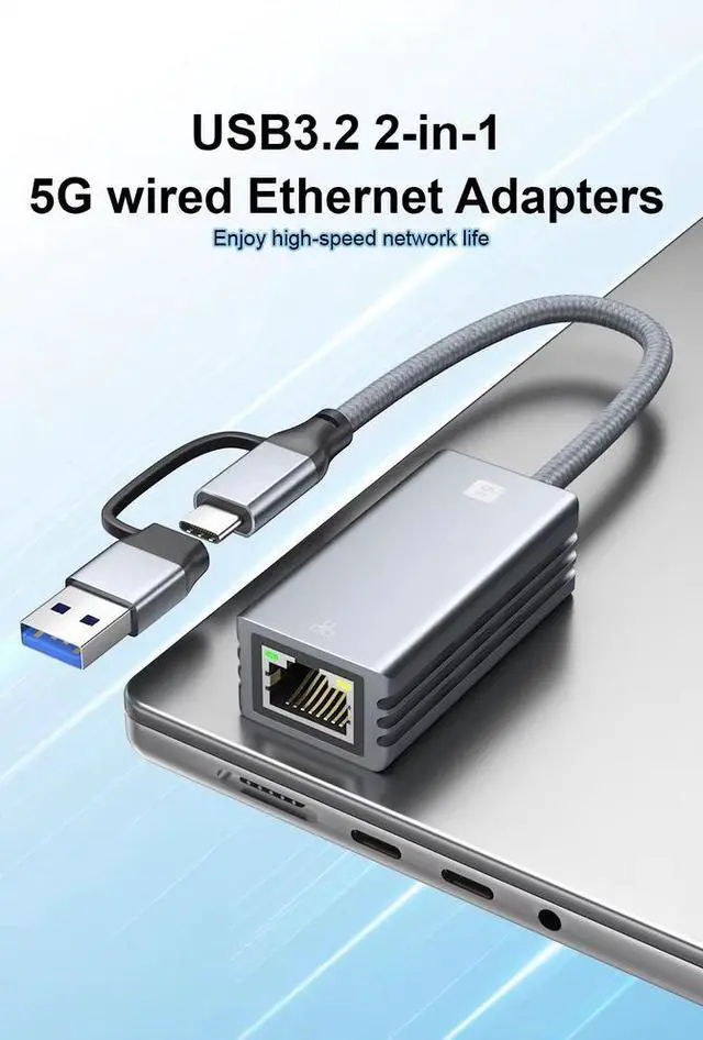 Alt view image 2 of 6 - 2-in-1 USB 3.2 Gen2 to RJ45 Gigabit Ethernet Adapter - USB-A/USB-C Dual Interface, Aluminum Shell, Plug & Play for iPad, Laptop, Desktop, Phone