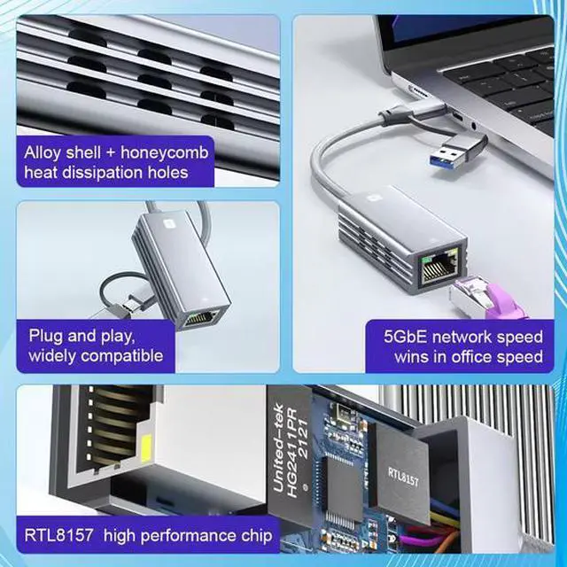 Alt view image 3 of 6 - 2-in-1 USB 3.2 Gen2 to RJ45 Gigabit Ethernet Adapter - USB-A/USB-C Dual Interface, Aluminum Shell, Plug & Play for iPad, Laptop, Desktop, Phone