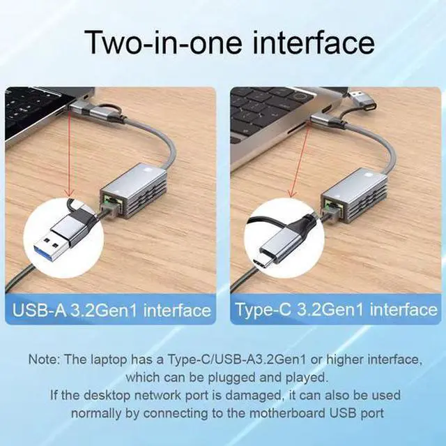 Alt view image 5 of 6 - 2-in-1 USB 3.2 Gen2 to RJ45 Gigabit Ethernet Adapter - USB-A/USB-C Dual Interface, Aluminum Shell, Plug & Play for iPad, Laptop, Desktop, Phone