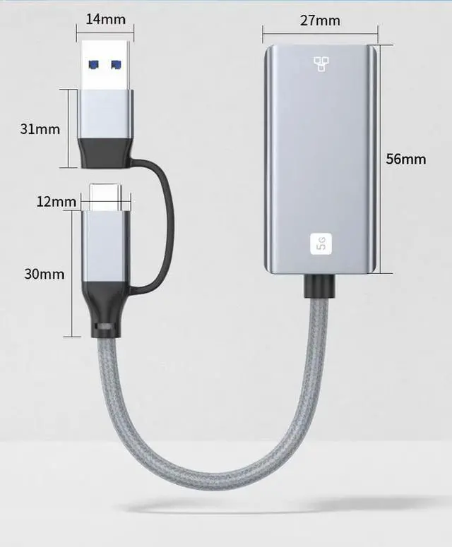 Alt view image 6 of 6 - 2-in-1 USB 3.2 Gen2 to RJ45 Gigabit Ethernet Adapter - USB-A/USB-C Dual Interface, Aluminum Shell, Plug & Play for iPad, Laptop, Desktop, Phone