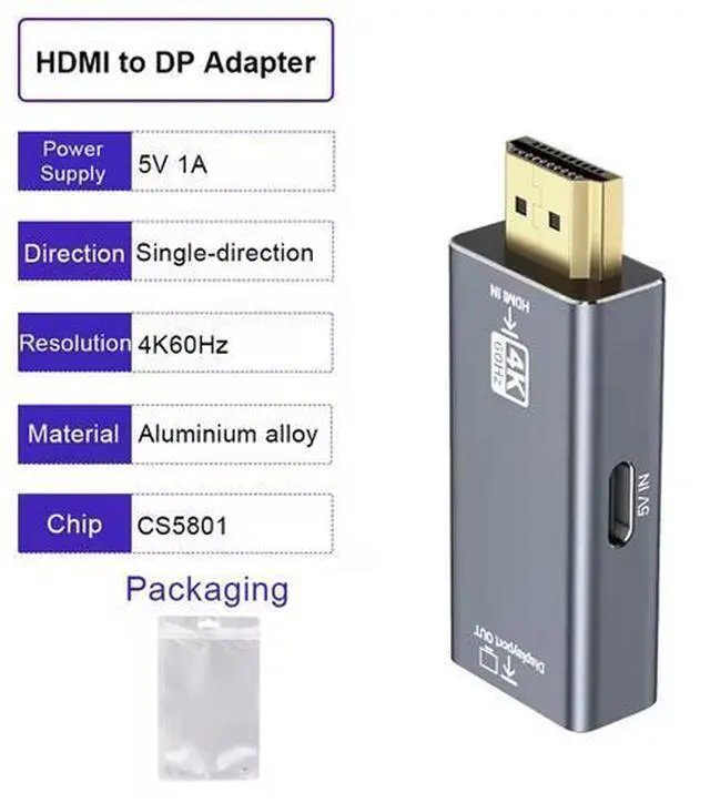 Alt view image 5 of 5 - HDMI to DisplayPort Adapter 4K@60Hz - Uni-directional Video Converter, Aluminum Housing, Plug & Play, for PC, PS5, Xbox to Monitor/Projector