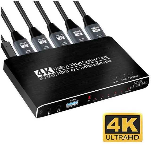 Main image of 4x1 Capture Card 4K 30fps, 4K@30Hz HDMI Video Game Capture Card Seamless Switch with Mic & Audio, HDMI Loop-Out, Audio out Record Broadcast Live Streaming for Nintendo/PS4/PS5/Xbox One eokCXOY